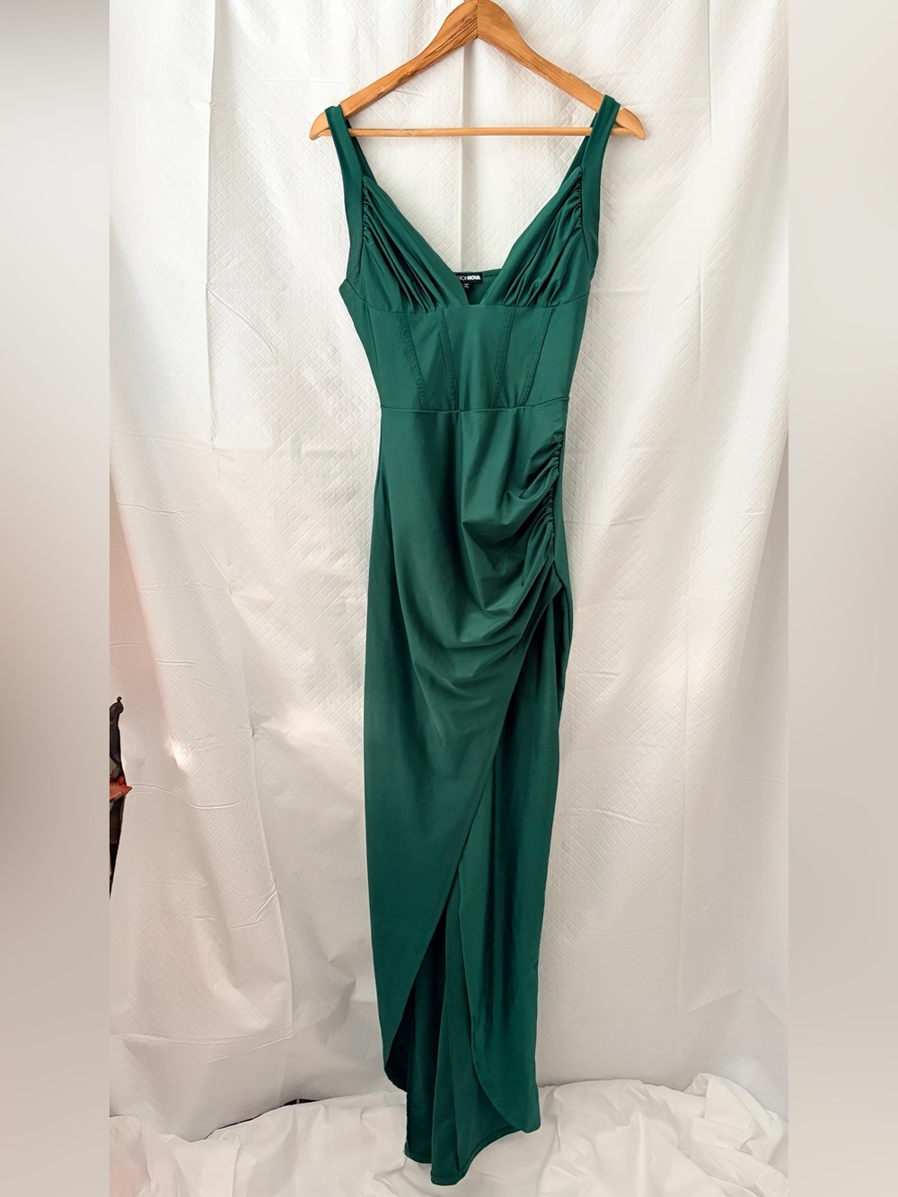 Fashion Nova Emerald Green Draped V-Neck Maxi Dress